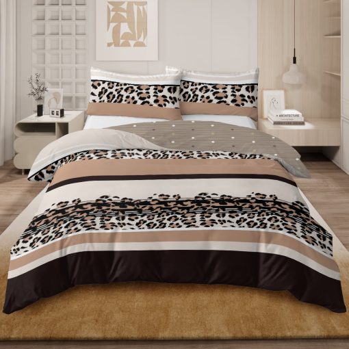 BlessLiving Leopard Print Duvet Cover Set Twin Size 3Pcs Brown Stripe Bedding Set Home Decor