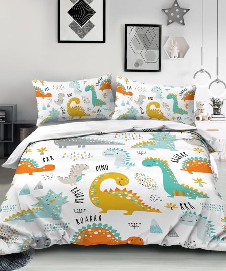 BlessLiving Dinosaur Printed Bedding Cover Set Twin, 3 Pieces White Duvet Cover Set