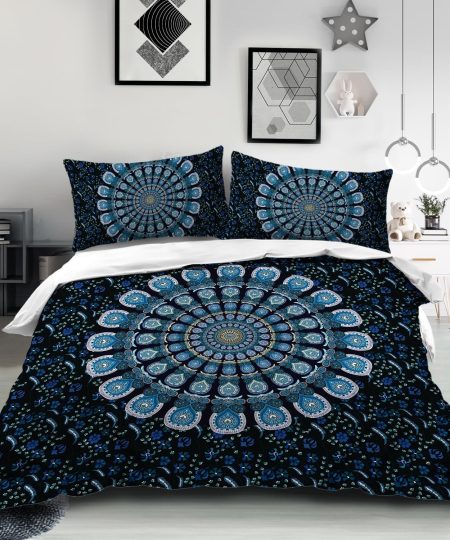 BlessLiving Boho Blue Queen Duvet Cover Set Retro Floral Pattern 3Pcs Bedding Set with Pillow Shams, 90x90"