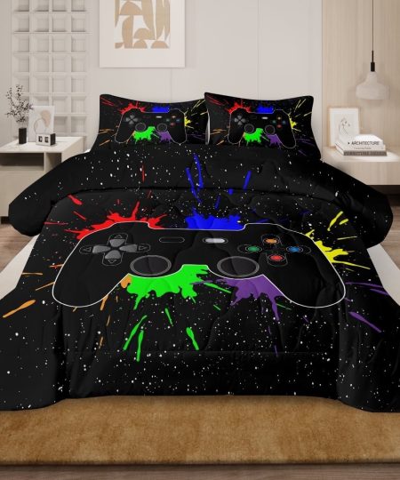 BlessLiving 3Pcs Game Controller Comforter Set King Size Gaming Bedding Set for Kids Boys Gamer, Black