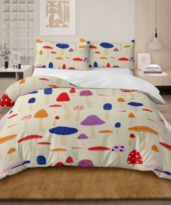 BlessLiving Mushroom Bedding Set 3 Piece Queen Comforter Set, Colorful Kids Bedding Sets for Girls