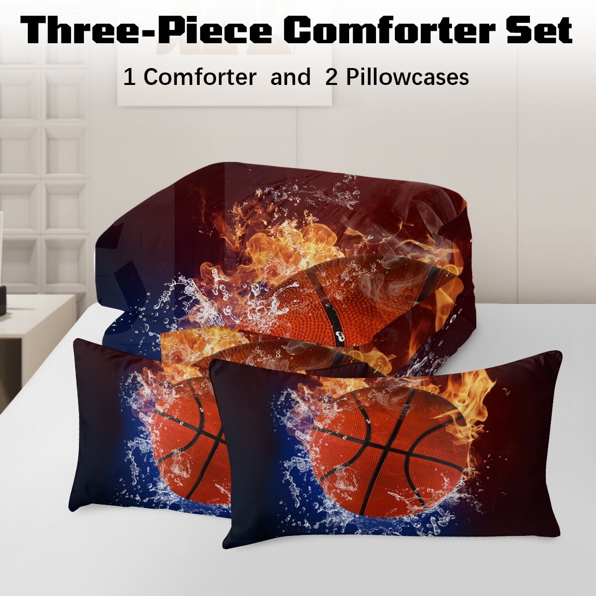 BlessLiving Full Comforter Set, 3 Pieces Sport Bedding Set for Kids Boys Teens Brushed Microfiber Basketball Comforter Set,