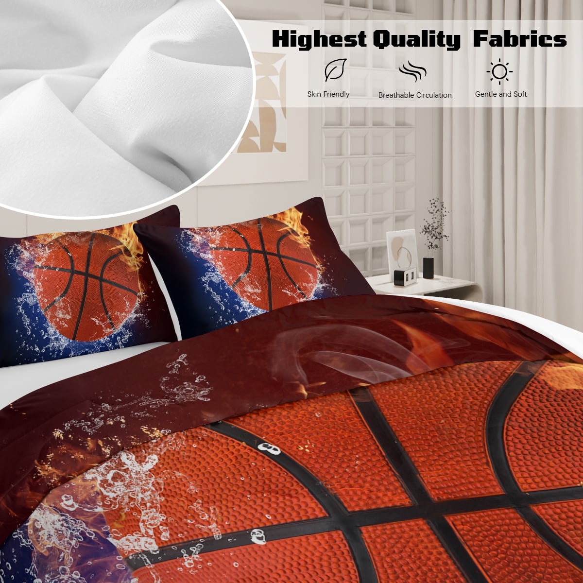 BlessLiving Full Comforter Set, 3 Pieces Sport Bedding Set for Kids Boys Teens Brushed Microfiber Basketball Comforter Set, - Image 4