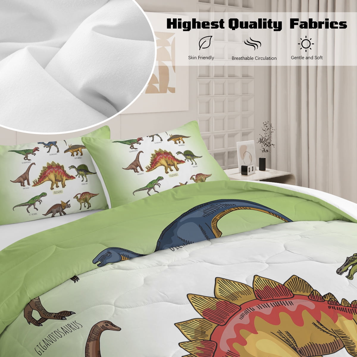 BlessLiving Kids Comforter Set, 3-Piece Green Dinosaur Bedding Sets for Boys, Twin Size - Image 4