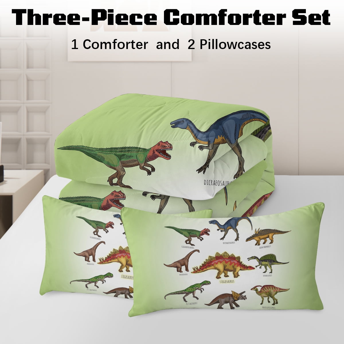 BlessLiving Kids Comforter Set, 3-Piece Green Dinosaur Bedding Sets for Boys, Twin Size - Image 2