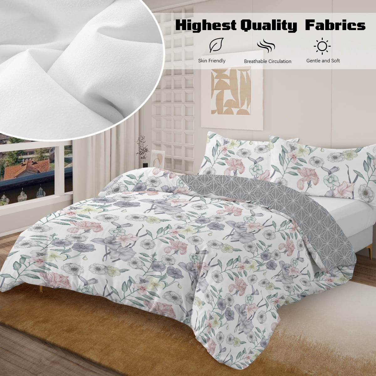 BlessLiving 3Pcs Duvet Cover Set for Adult Full Size Pink Bedding Set Colorful Flower Comforter Cover Set - Image 30