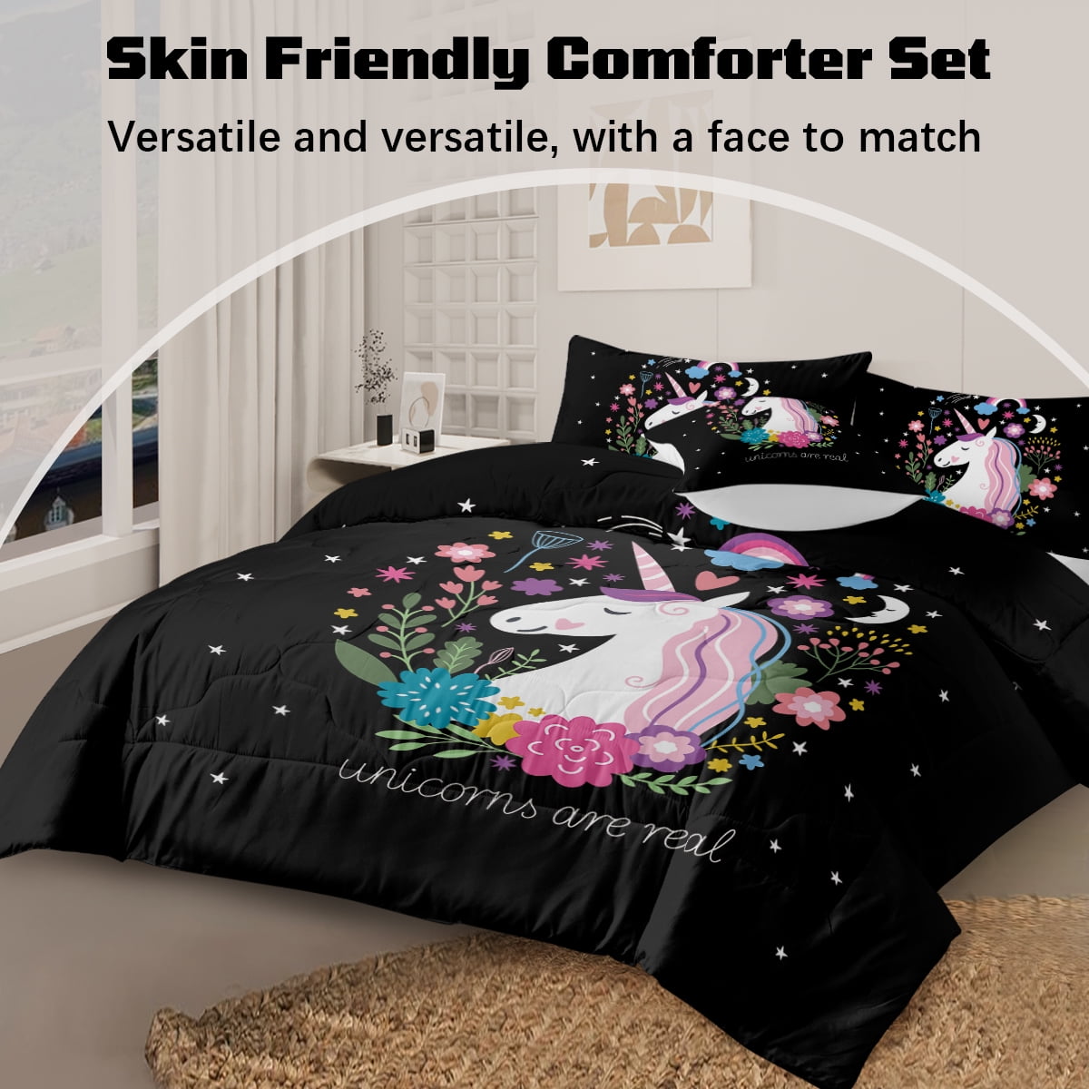 Sleepwish Kids Bedding Set 4 Pieces Super Soft Black Unicorn Twin Comforter Set for Girls - Image 8