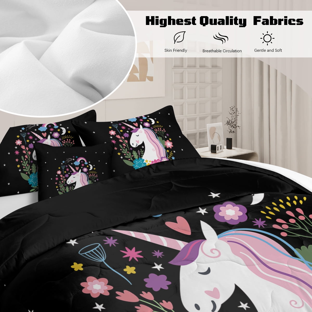Sleepwish Kids Bedding Set 4 Pieces Super Soft Black Unicorn Twin Comforter Set for Girls - Image 4