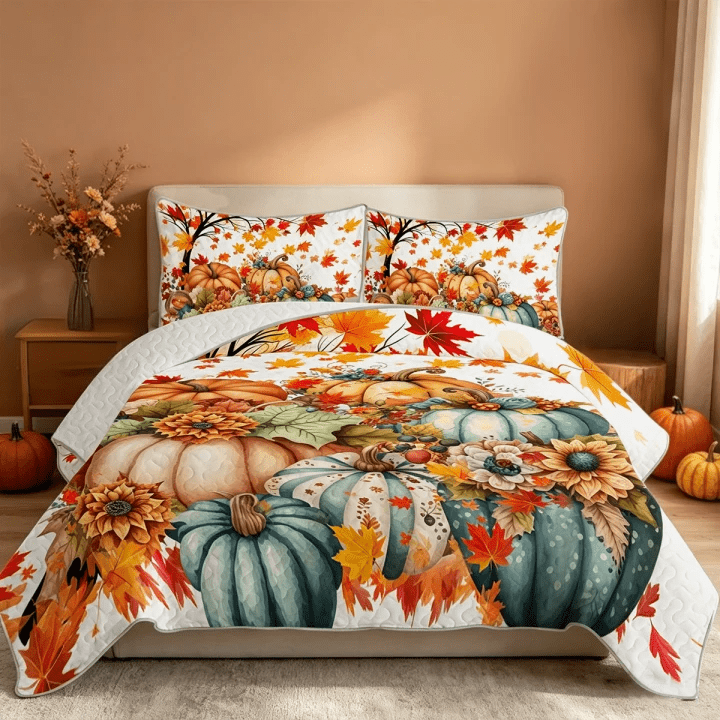 Sleepwish 2 Pieces Quilt Set Twin Size, Colorful Pumpkin Fall Leaves Flower Bedding Set Lightweight Bedspreads Bed Cover
