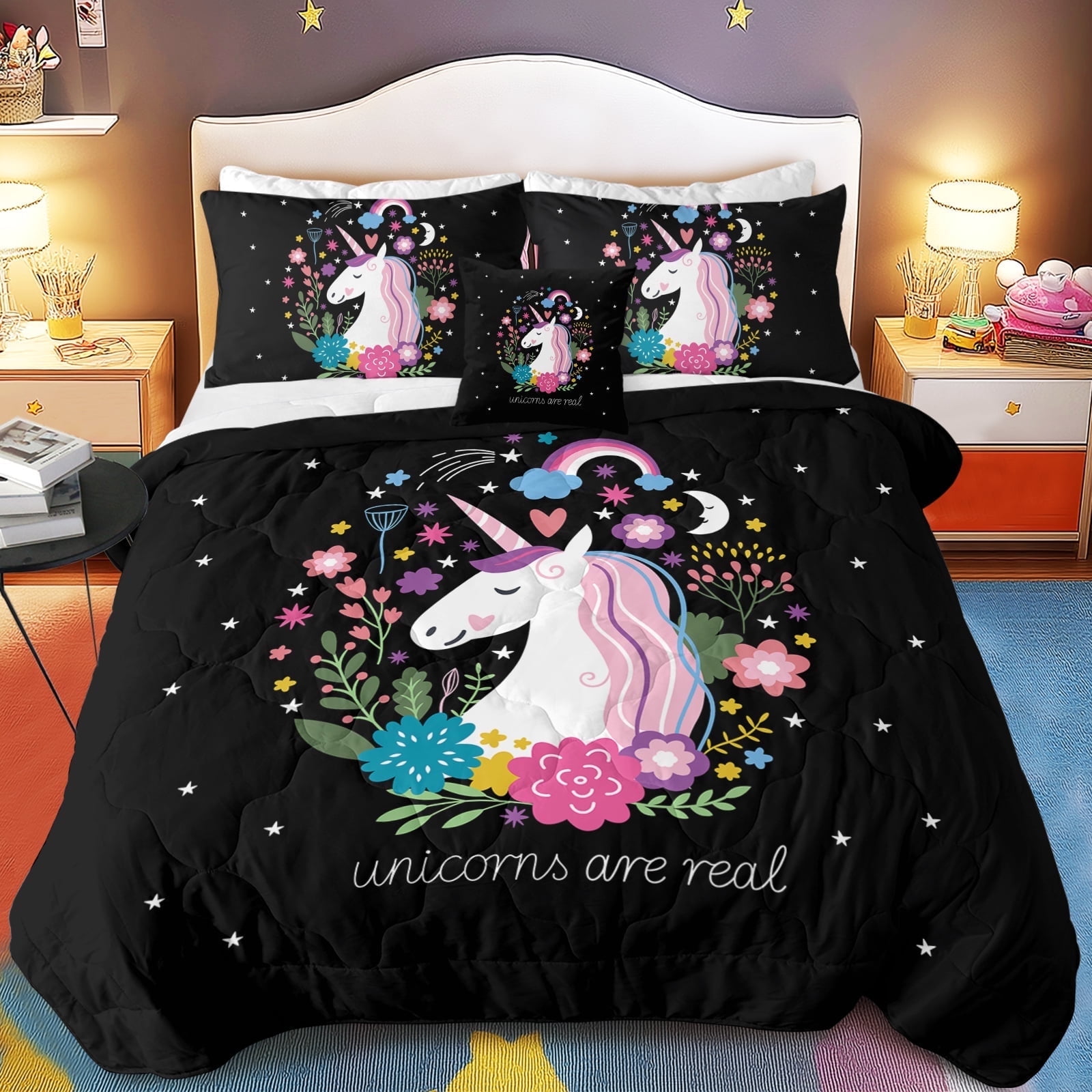 Sleepwish Kids Bedding Set 4 Pieces Super Soft Black Unicorn Twin Comforter Set for Girls